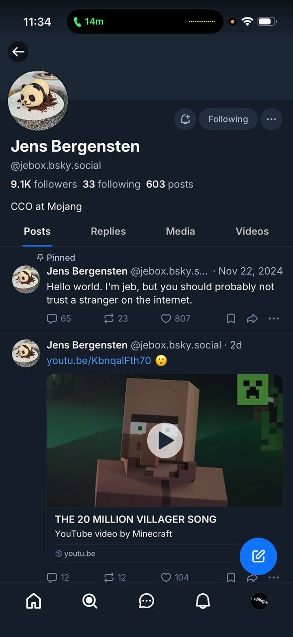 The Bluesky profile of Jens Bergensten, CCO at Mojang