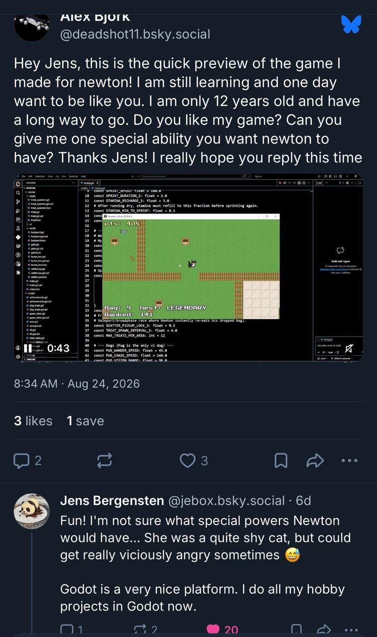 Alex Bjork shows his Newton game to Jens Bergensten on Bluesky, and Jens replies about what Newton was really like