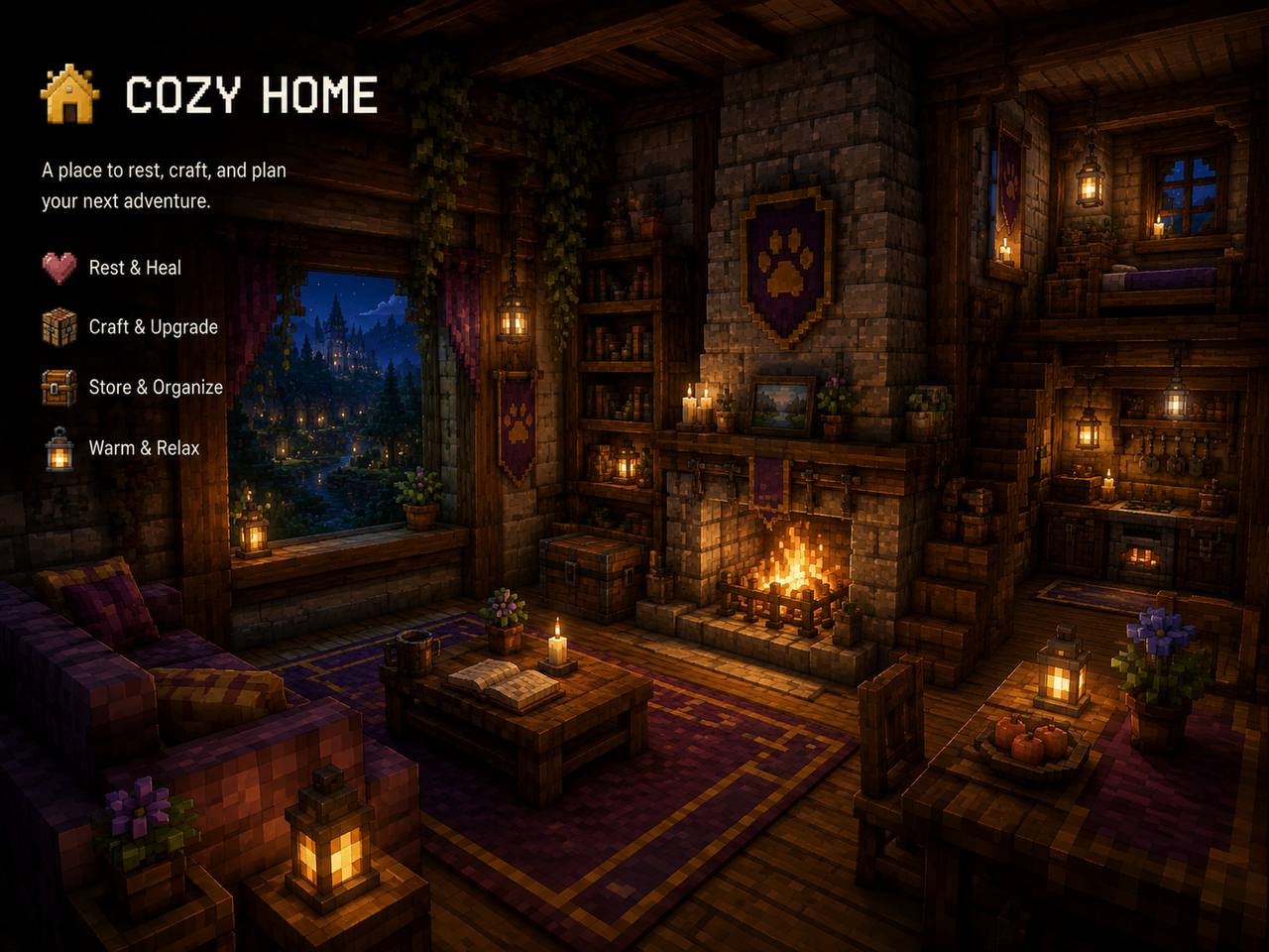 A warmly lit blocky cabin interior with a fireplace, lanterns, bookshelves and a paw-print banner