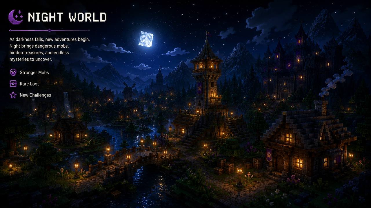 A blocky village at night lit by lanterns beneath a pixel moon