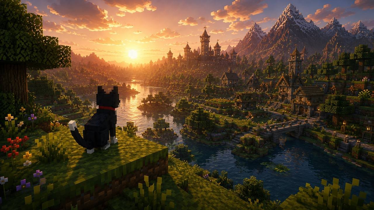 Newton the tuxedo cat sitting on a grass block at sunset, overlooking a blocky kingdom